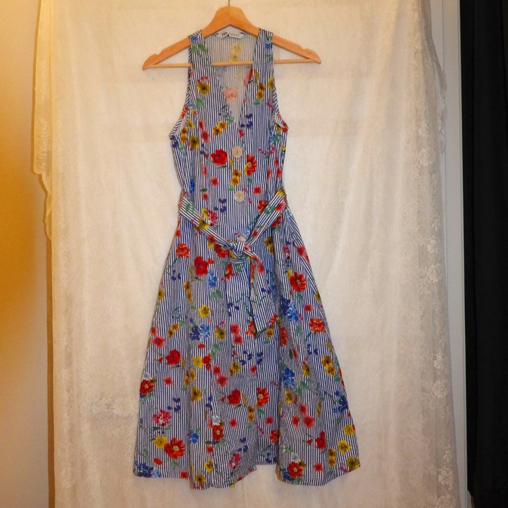 Zara Spring Summer Blue Floral Striped Sleeveless Belted Midi Dress - S